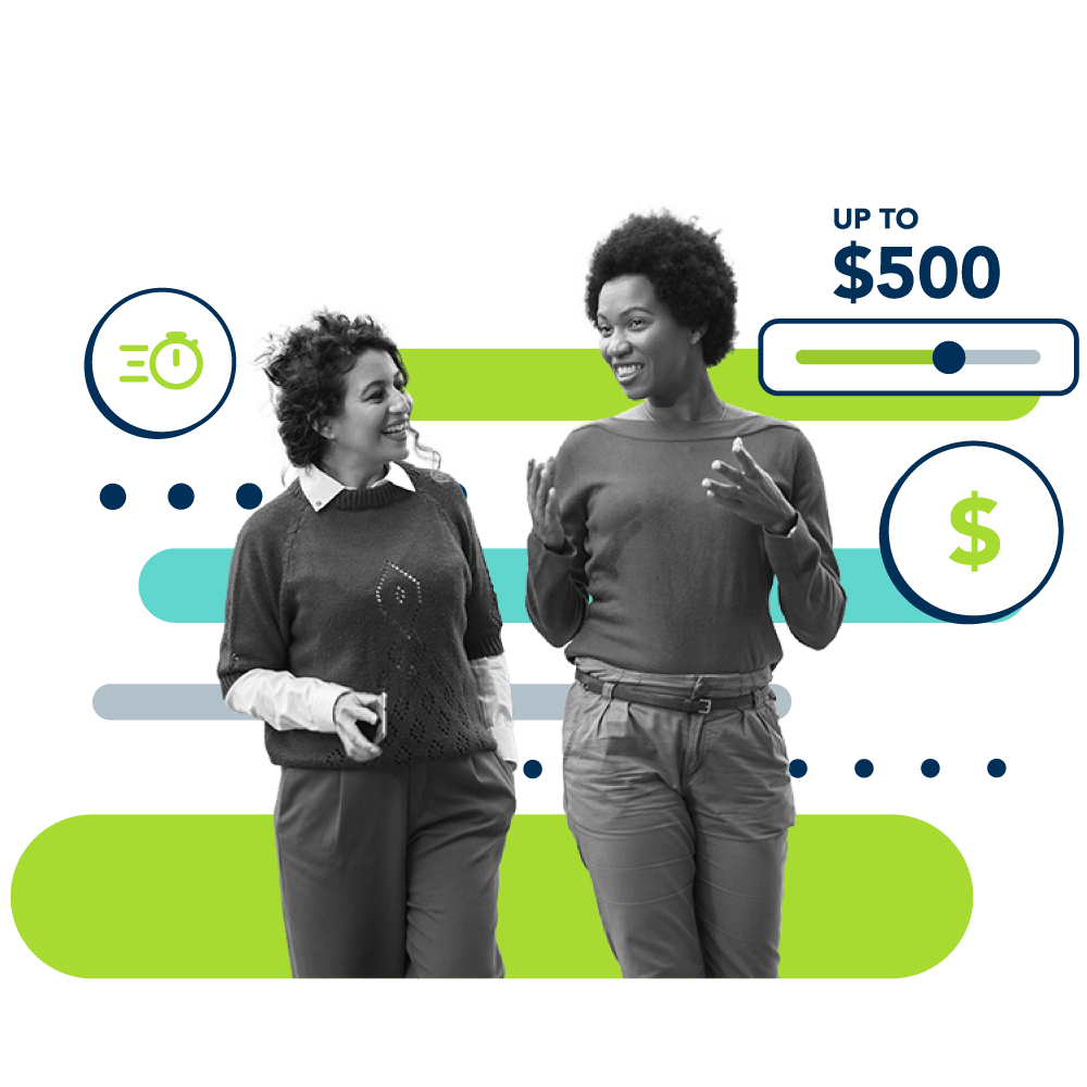 two woman talking and walking and money graphic around them